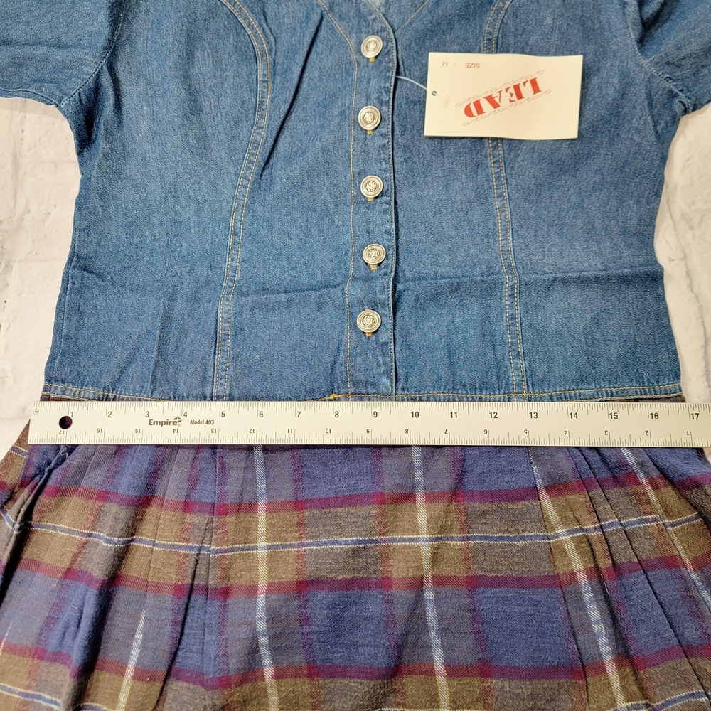 Tunic Top Dress sz Medium Pleated Plaid Flannel Denim Jean Vintage Style 90s Y2K - Picture 6 of 11
